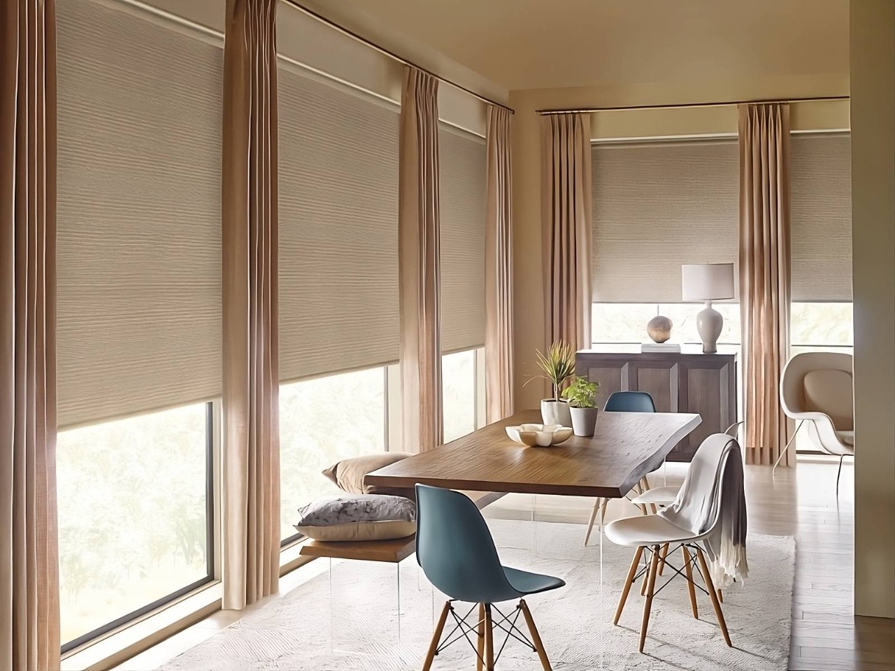 Stunning Hunter Douglas sunshade on large dining room windows with a neutral color palette at Custom Window Decor of Jupiter near Jupiter, FL